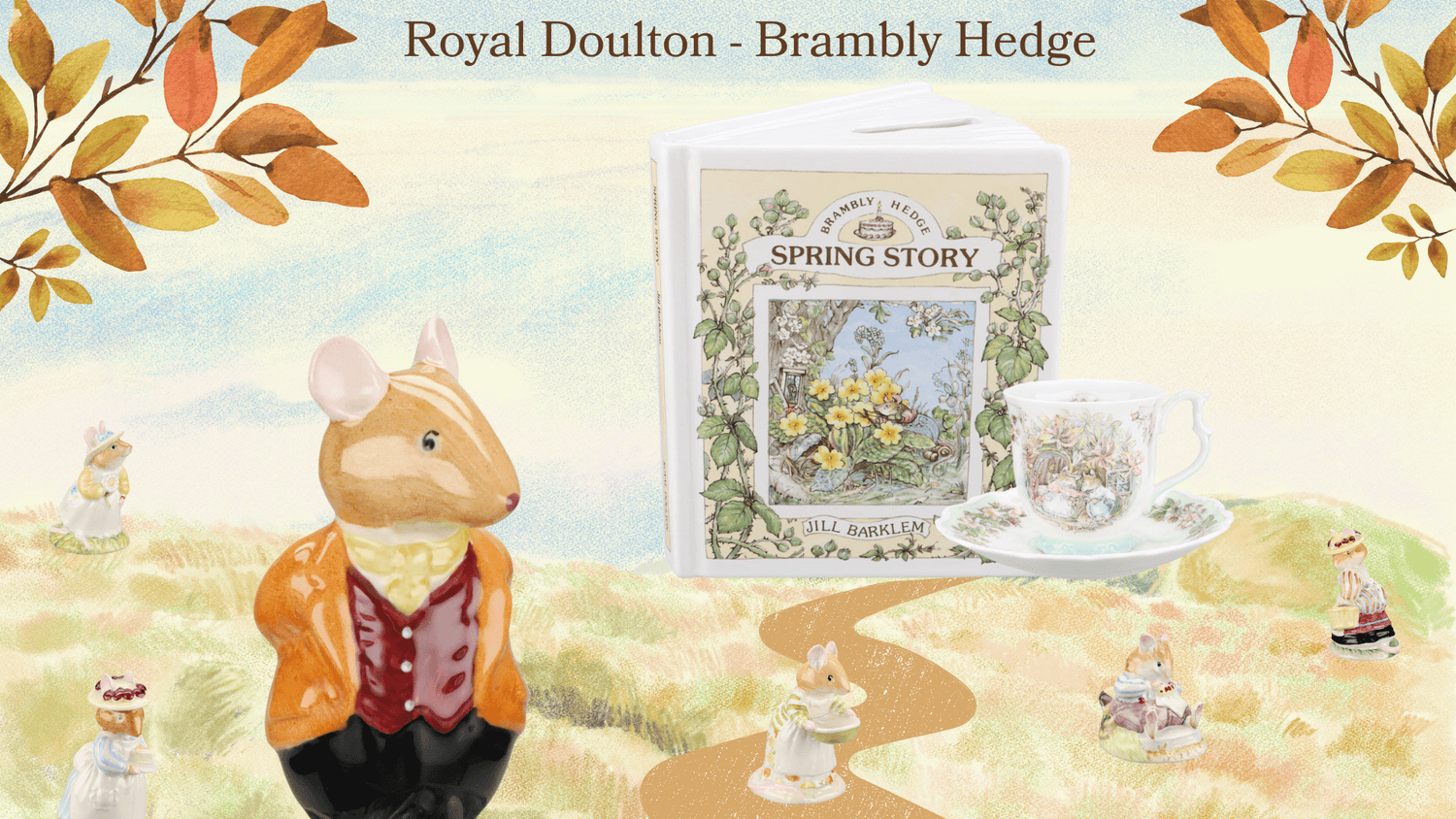 Royal Doulton Serie Brambly Hedge: Nette Mäuse aus und auf Porzellan