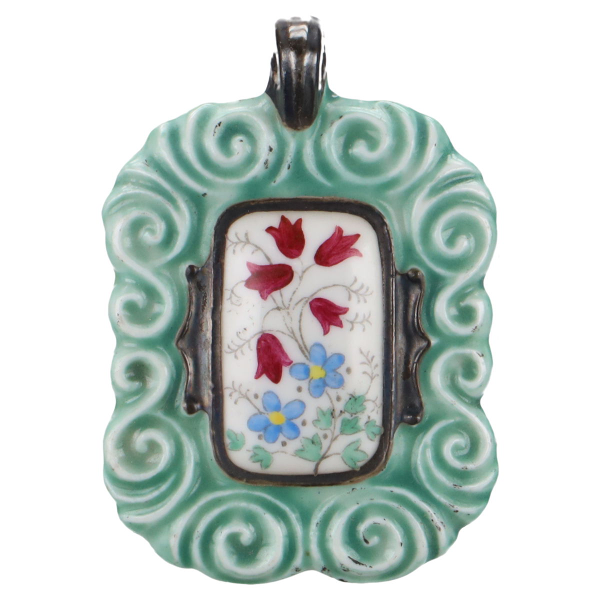 Porzellananhänger Glockenblume in grün viereckig