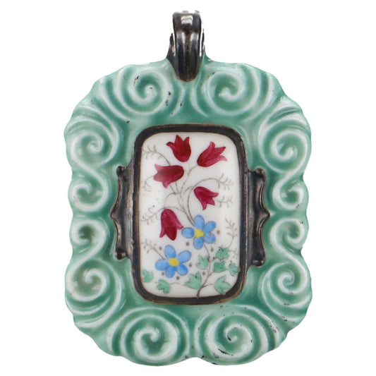 Porzellananhänger Glockenblume in grün viereckig