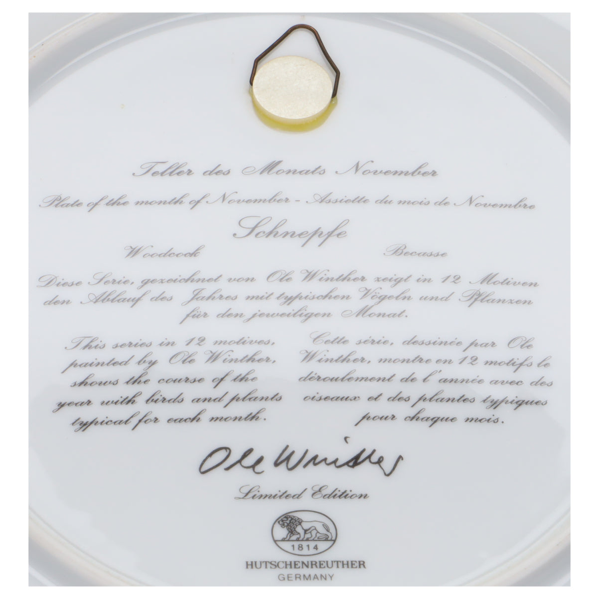 Wandteller groß November Schnepfe