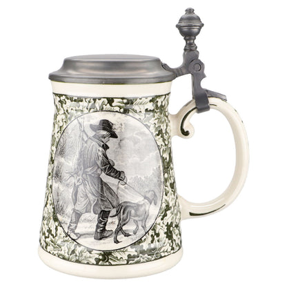 Alter Bierhumpen Motiv Jäger m. Zinndeckel