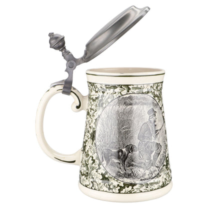 Alter Bierhumpen Motiv Jäger m. Zinndeckel