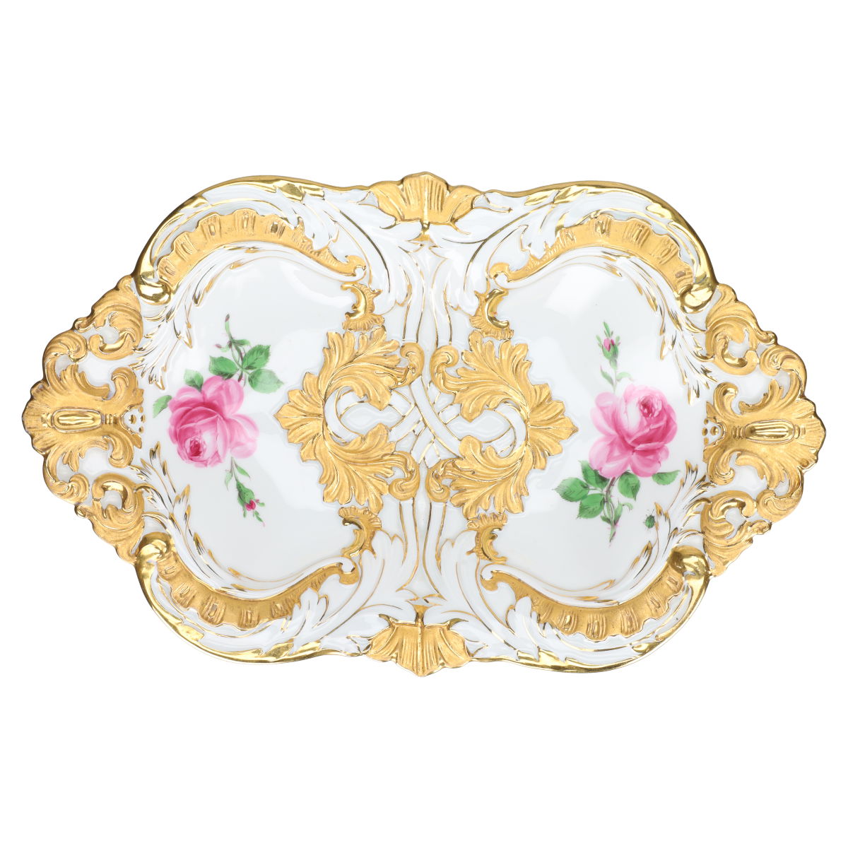 Prunkschale oval II.W Pfeifferzeit mit Goldapplikationen Rote Rose