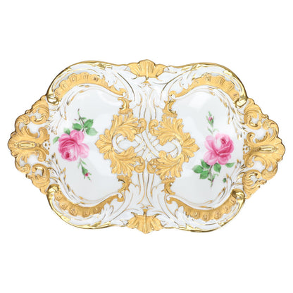 Prunkschale oval II.W Pfeifferzeit mit Goldapplikationen Rote Rose