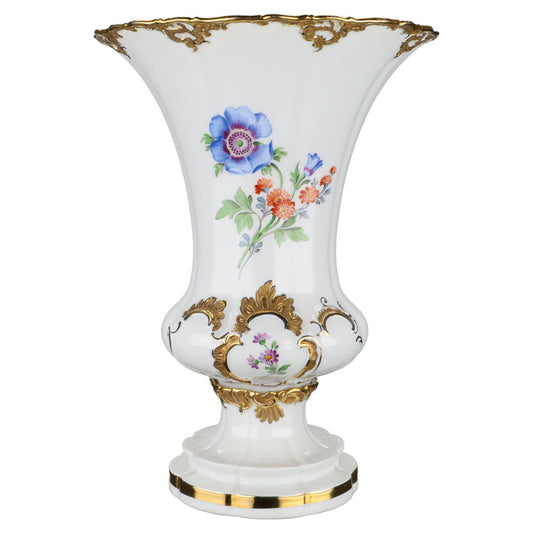 Trichtervase auf Fuß groß Prunk Bunte Blume mit Goldapplikationen I.W Pfeifferzeit