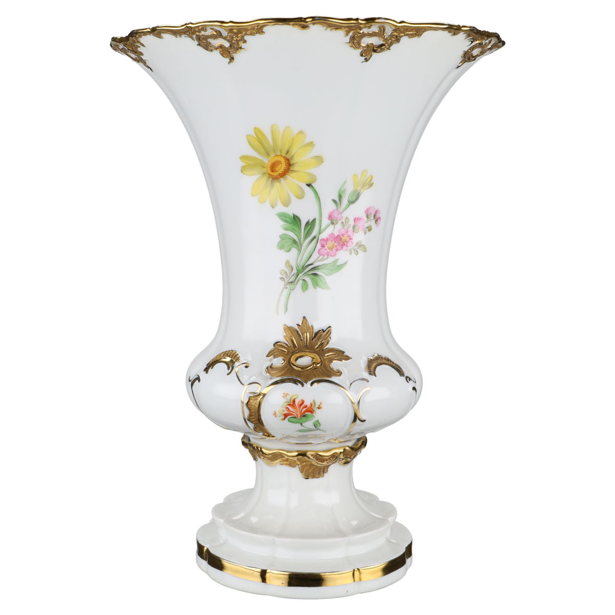 Trichtervase auf Fuß groß Prunk Bunte Blume mit Goldapplikationen I.W Pfeifferzeit