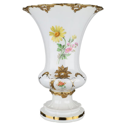 Trichtervase auf Fuß groß Prunk Bunte Blume mit Goldapplikationen I.W Pfeifferzeit