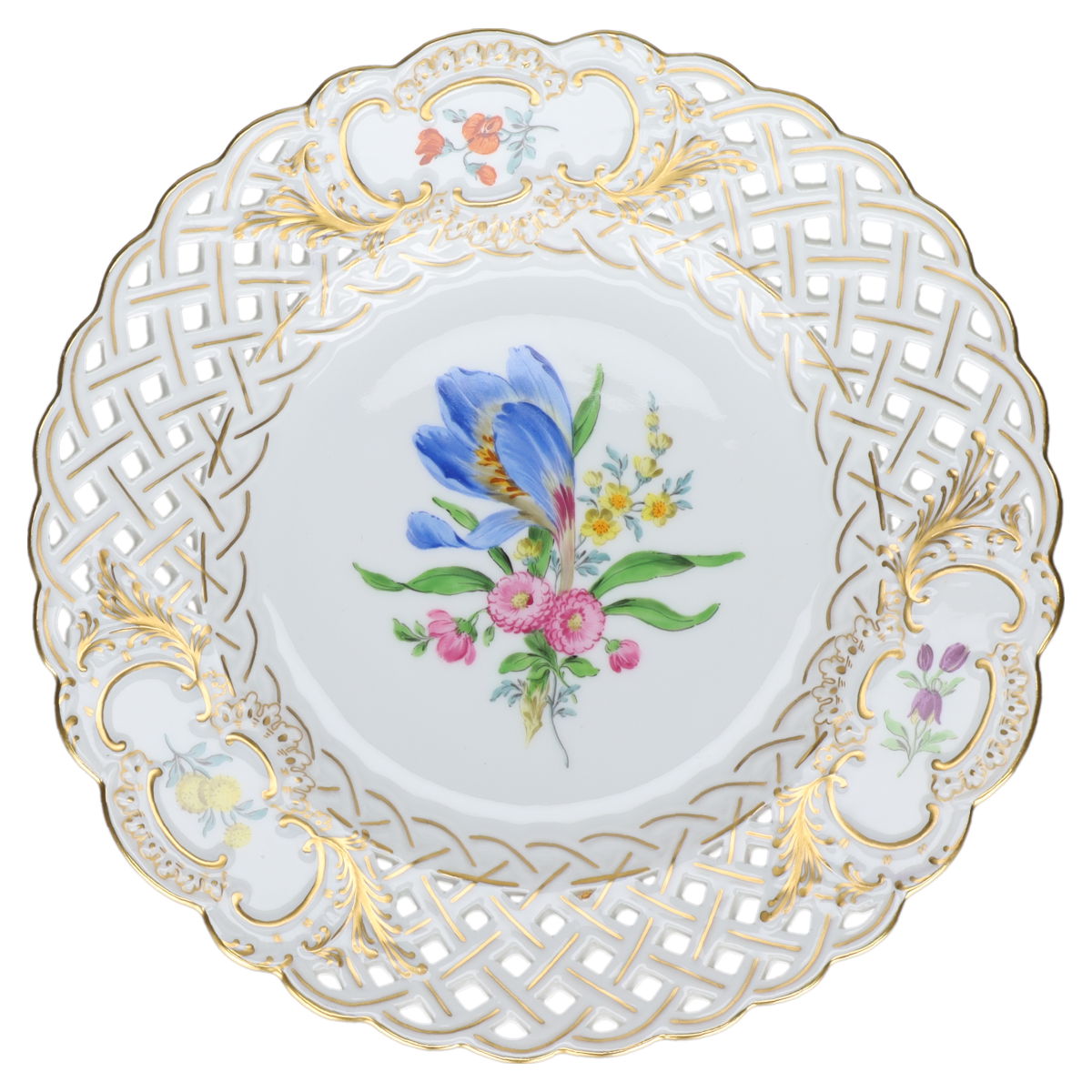 Durchbruchteller klein Krokus Blau Meissen Neuer Ausschnitt I.Wahl Blumenbouquet