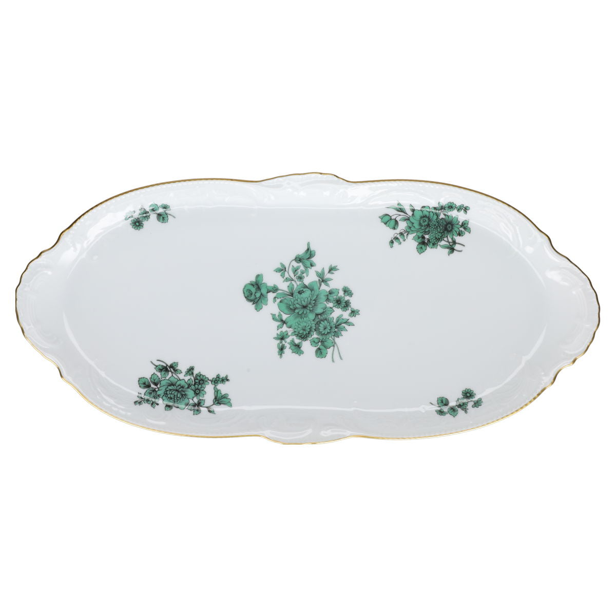 Königskuchenplatte Rosenthal Sanssouci weiß Grüne Blume mit Goldrand