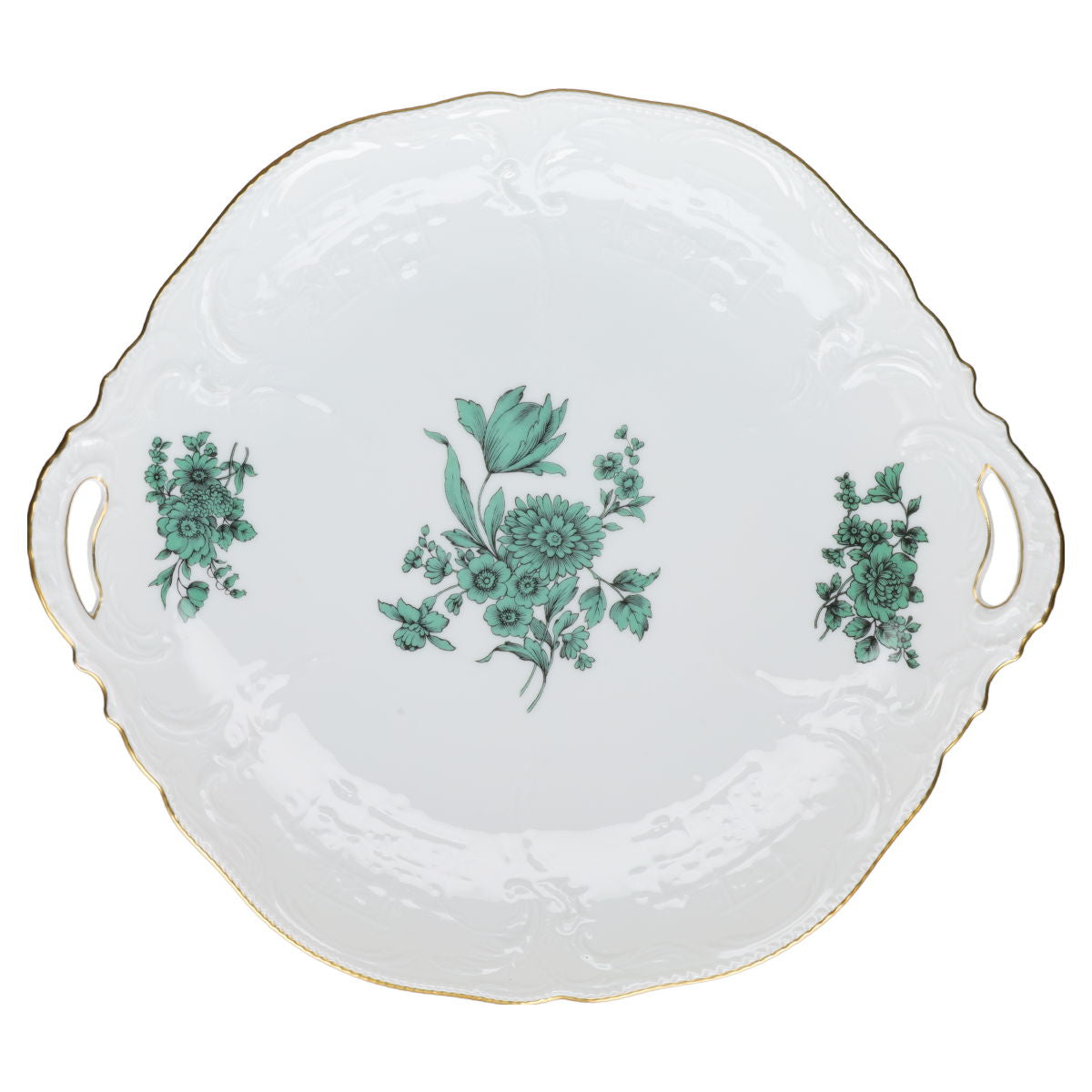 Kuchenplatte mit Griffen Rosenthal Sanssouci weiß Grüne Blume mit Goldrand