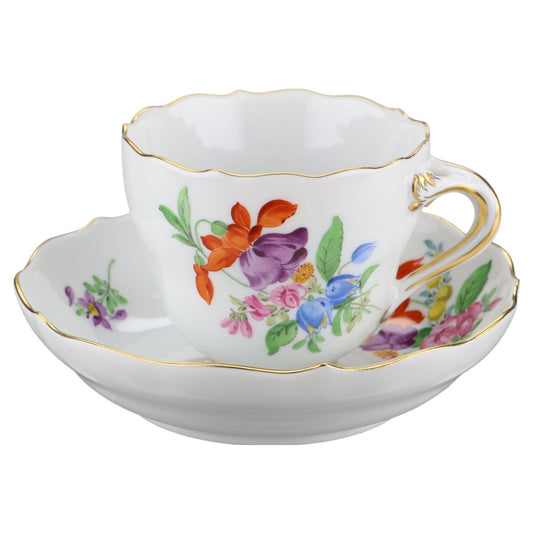 Mokka / Espressotasse mit Untere ohne Spiegel - Blüte Orange Lila Meissen Neuer Ausschnitt I.Wahl Blumenbouquet