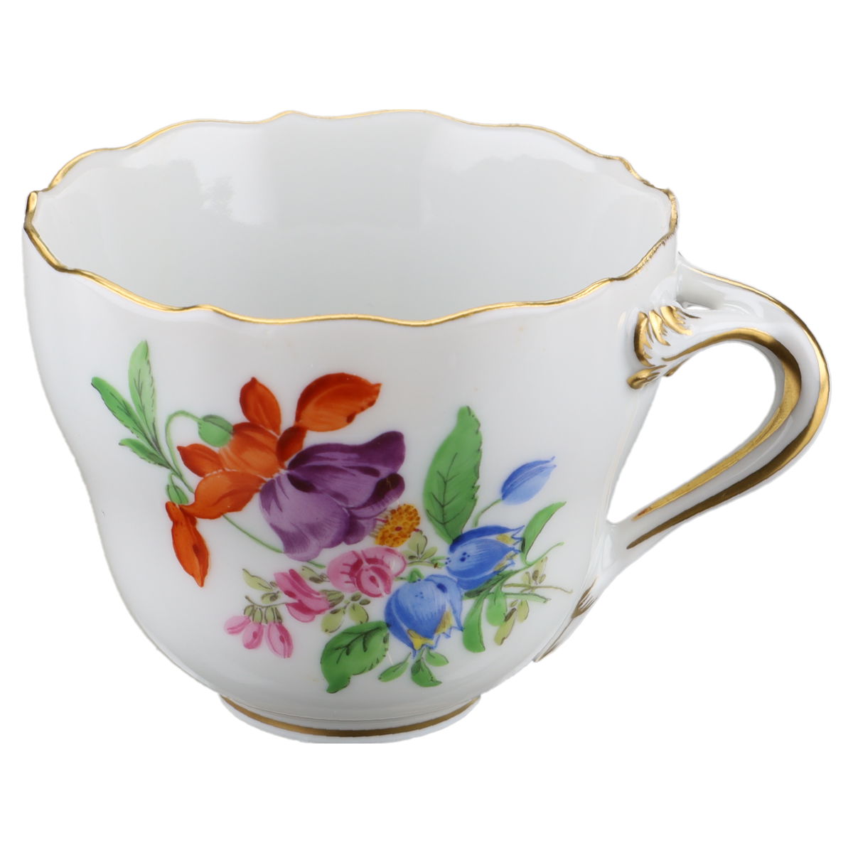 Mokka / Espressotasse mit Untere ohne Spiegel - Blüte Orange Lila Meissen Neuer Ausschnitt I.Wahl Blumenbouquet