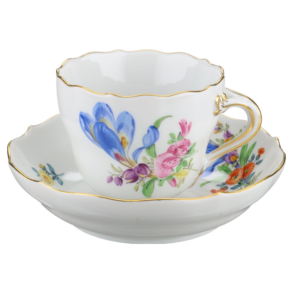 Mokka /Espressotasse mit Untere ohne Spiegel - Krokus Meissen Neuer Ausschnitt I.Wahl Blumenbouquet