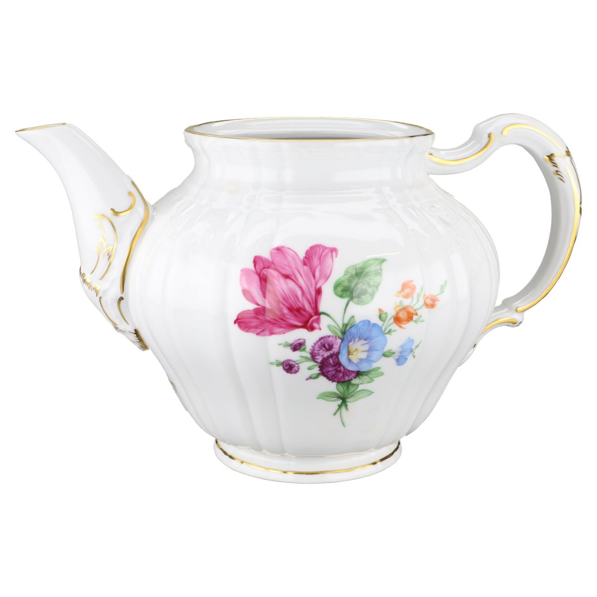 Teekanne ohne Deckel 1,2 L KPM Berlin Rocaille I.Wahl Bunte Blume mit Goldrand Dekor 36