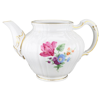Teekanne ohne Deckel 1,2 L KPM Berlin Rocaille I.Wahl Bunte Blume mit Goldrand Dekor 36