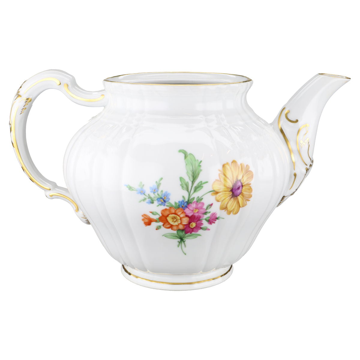 Teekanne ohne Deckel 1,2 L KPM Berlin Rocaille I.Wahl Bunte Blume mit Goldrand Dekor 36