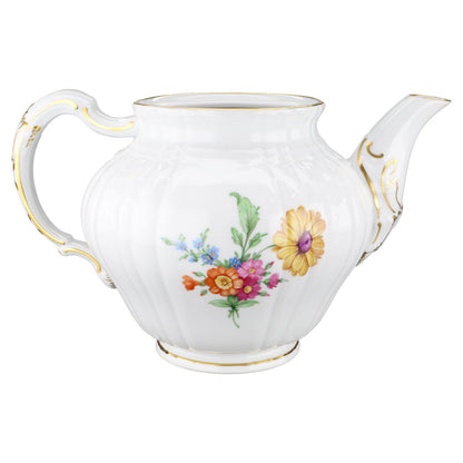 Teekanne ohne Deckel 1,2 L KPM Berlin Rocaille I.Wahl Bunte Blume mit Goldrand Dekor 36