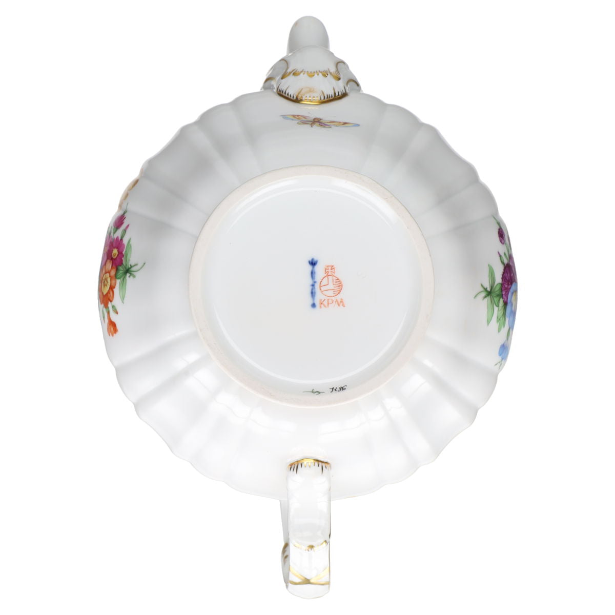 Teekanne ohne Deckel 1,2 L KPM Berlin Rocaille I.Wahl Bunte Blume mit Goldrand Dekor 36