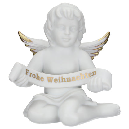 Figur Engel mit Gold Motiv Frohe Weihnachten